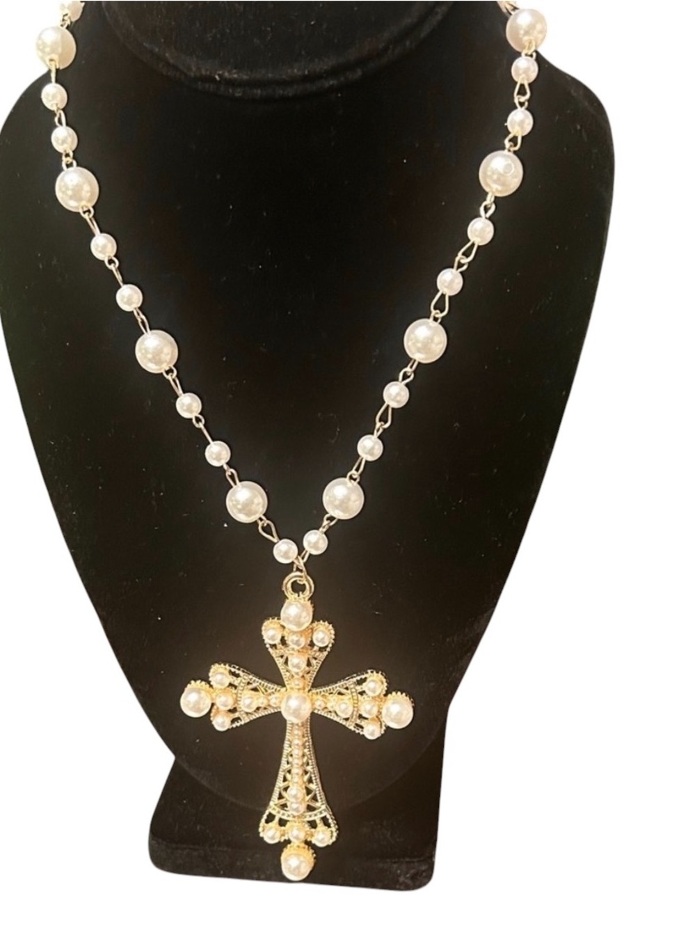 Gold-Tone Pearl Cross Pendant Necklace - Elegant Women Jewelry, NWOT - Picture 9 of 10